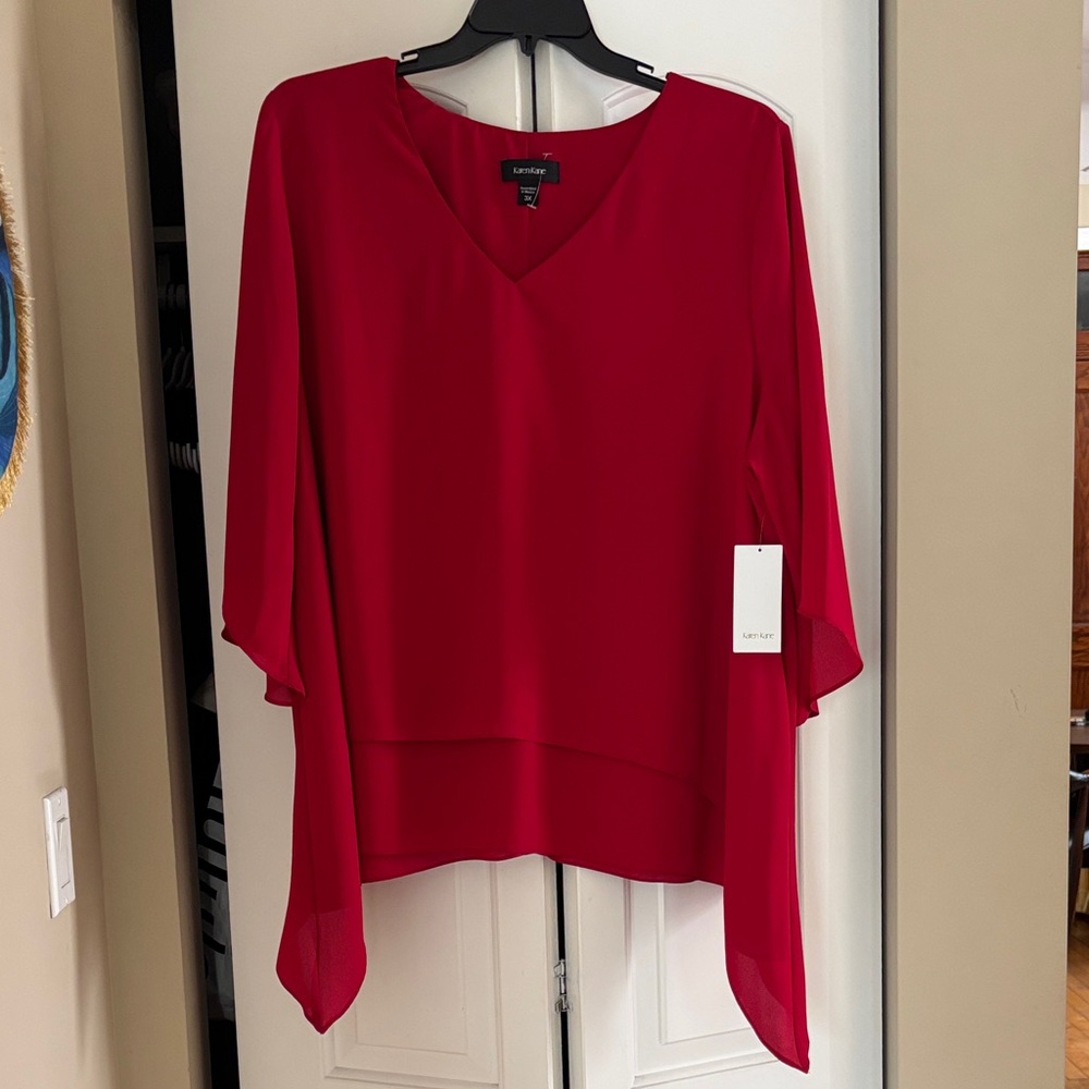 ❤️NEW❤️ Karen Kane Crimson Red V-Neck Layered Tunic Amalfi Coast Layered Hem Top